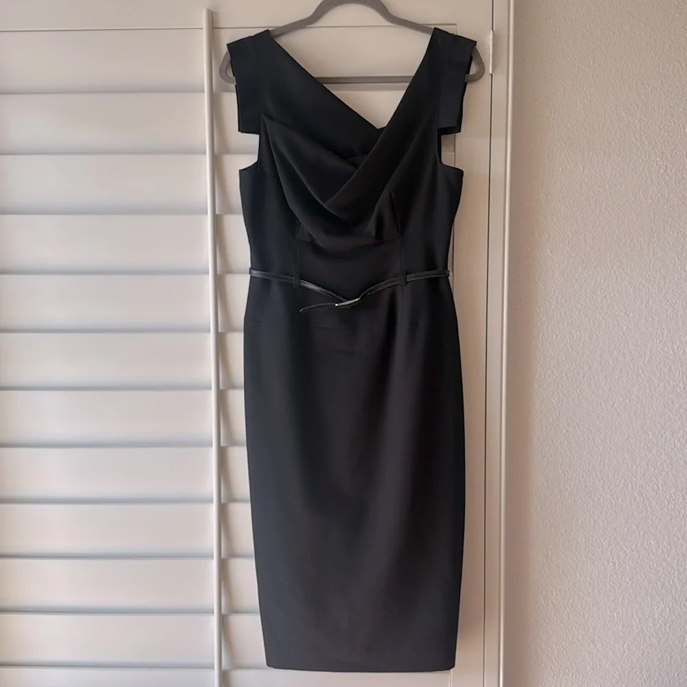 BLACK HALO ICONIC Black Jackie O Belted Sheath Dress 6 Gabardine Stretch - Picture 4 of 9